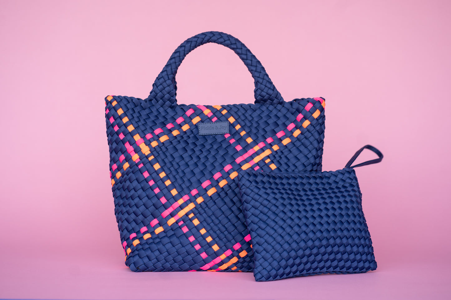 Classic Navy with Pink and Orange Stripes Woven Tote